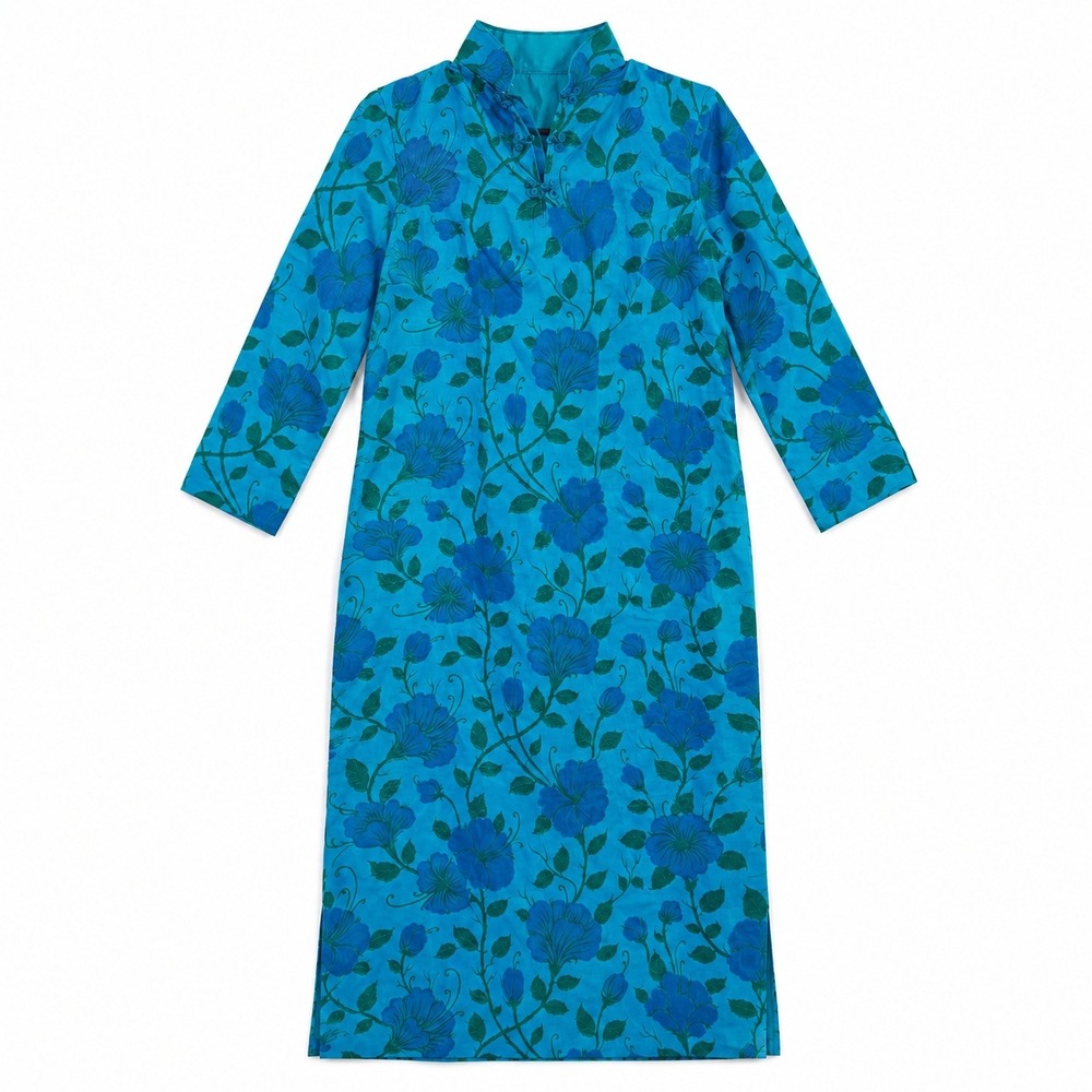 Vtg 60s Blue Vibrant Qipao Dress Mandarin Collar Frog Turquoise pychedelic S fun